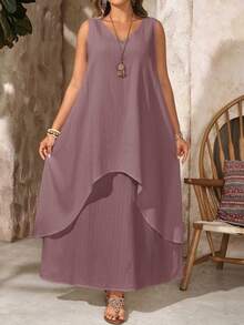 EMERY ROSE Plus Size Women's Purple Summer Boho Vacation Holiday Dress,V-Neck Sleeveless Solid Color 2 In 1 Flowy Long Dress,Casual Beach Outfits,Country Style - Brown - View 2