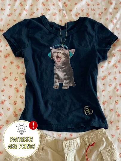 Glimmora Camiseta de mujer de manga corta con cuello redondo y estampado gráfico de gato, un regalo para amigos