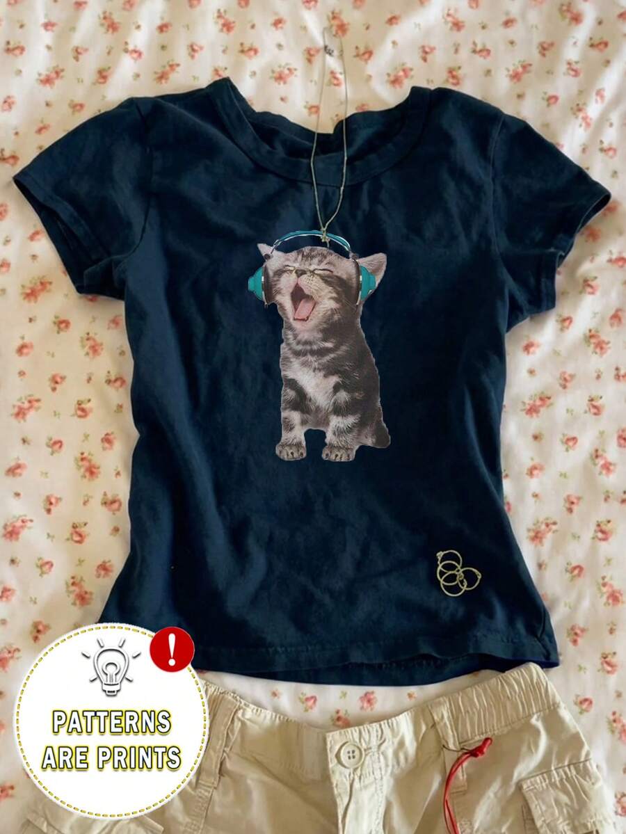Glimmora Áo thun nữ tay ngắn cổ tròn dáng crop top in hình mèo, phong cách tối giản, thích hợp làm quà tặng cho bạn bè. - Màu xanh hải quân - Xem 1