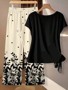 SHEIN Clasi 女士系带蝴蝶结衬衫和宽松直筒裤两件套，复古花卉圆点印花图案，适合外出、工作通勤、聚会、生日、婚礼等场合。 - 彩色 - 查看 3