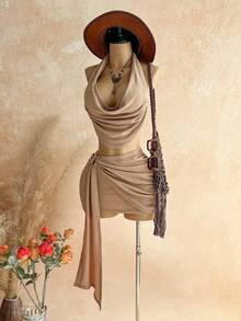 Soleia Bộ đồ 2 món gợi cảm dành cho nữ: Áo hai dây hở lưng và chân váy ngắn, thích hợp cho mùa hè. - Màu Khaki - Xem 4