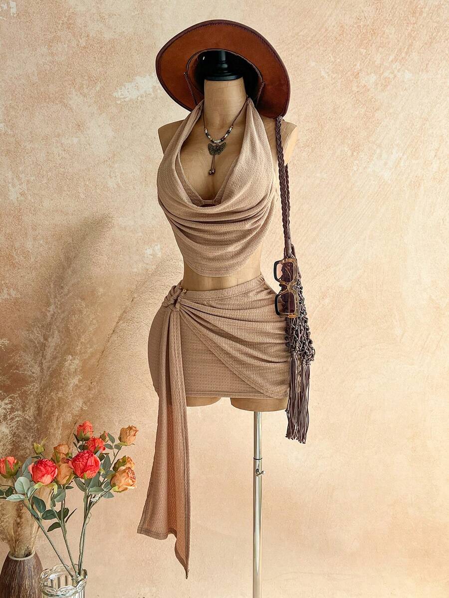 Soleia Women's Sexy Halter Backless Top And Mini Skirt 2 Pieces Set, Summer,Island Vacation Outfit,Music Festival Outfit,Cruise Vacation Outfit,Casual Vacation,Retro Outfit,Party Outfit,Sexy Vacation Outfit - Khaki - View 1
