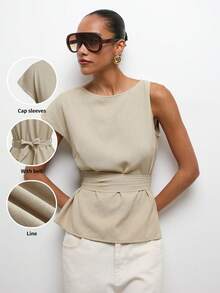 Maija Damen Sommer Mode Chic Beige Leinen Peplum Top,Asymmetrische Ärmel geraffte Taille Arbeitsblusen für Frauen,Atmungsaktiv Lässig Strand Urlaub - Khaki - Übersicht 8