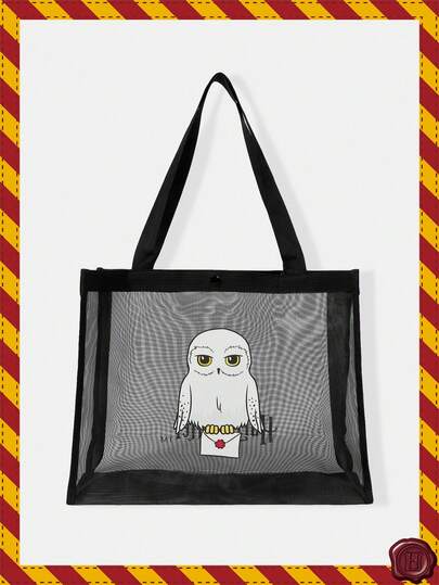 HARRY POTTER X SHEIN Black Mesh Tote Bag With Printed Pattern, Large Capacity, Portable, Suitable For Vacation, Travel, Shopping