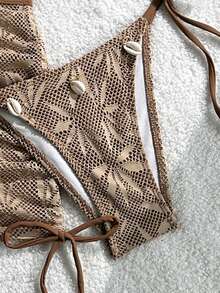 Swim Mod Swimsuits For Woman Shell Decor Halter Bra & Swim Bottom & Cover Up Skirt Bikini Set, Summer Beach Bathing Suit - Brown - View 4