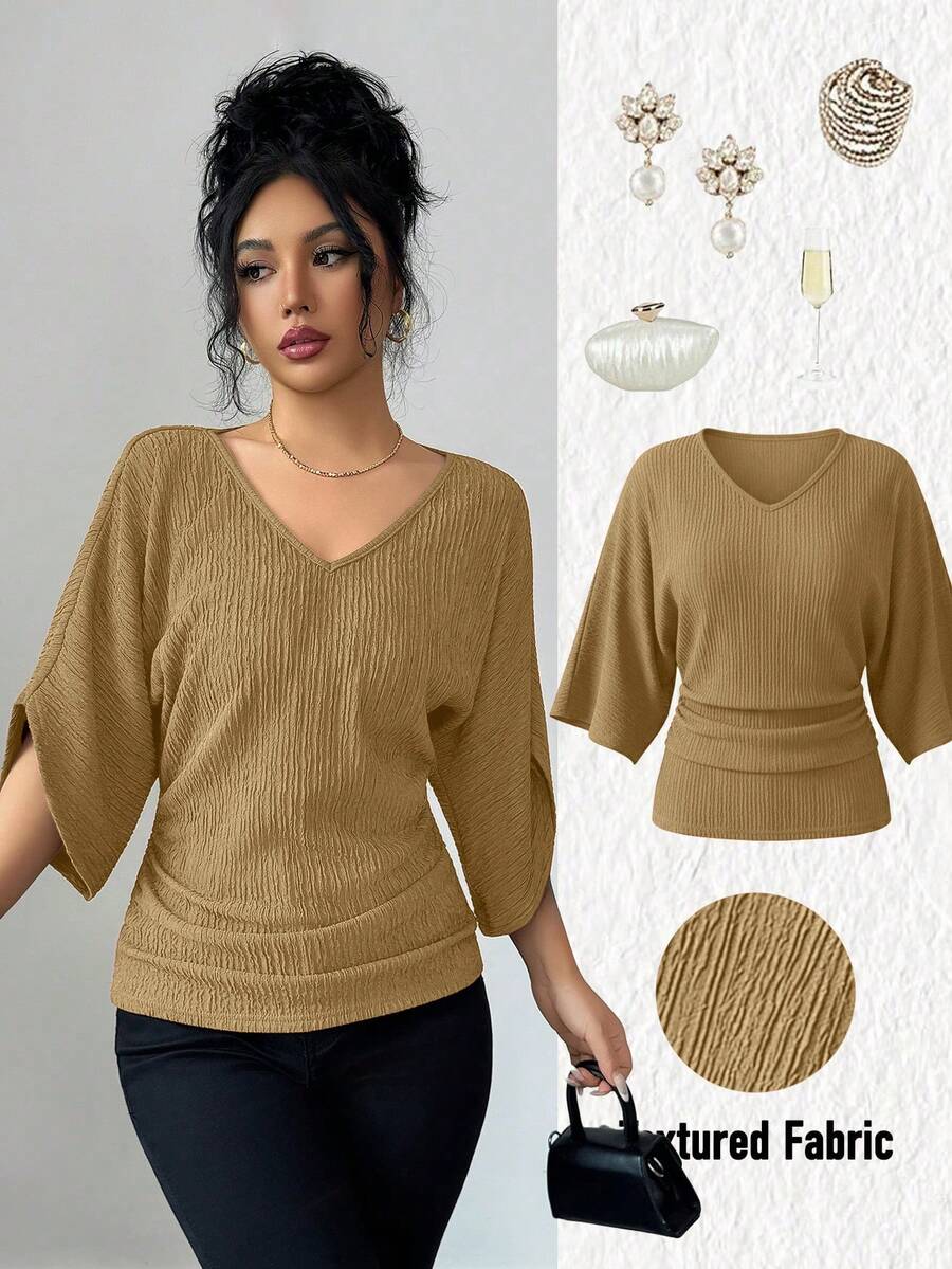 Elenzga Kaos Wanita Polos Bertekstur dengan Leher V, Pinggang Longgar, dan Detail Kerutan yang Elegan - Khaki - View 1