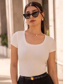 Andrea Bello Fitted Lace Trim Square Neck Short Sleeve Women T-Shirt - White - View 3