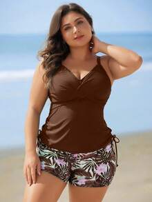 Swim Lushoire Plus Size Women Summer Beach Criss-Cross Design Tankini Swimwear Set - Brown - View 4