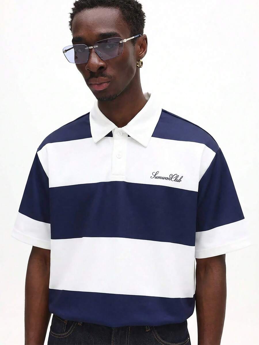 SUMWON Men's Striped Polo Shirt With Collar And Button Placket Short Sleeve Rugby Style Summer Casual Top - Blue and White - View 1