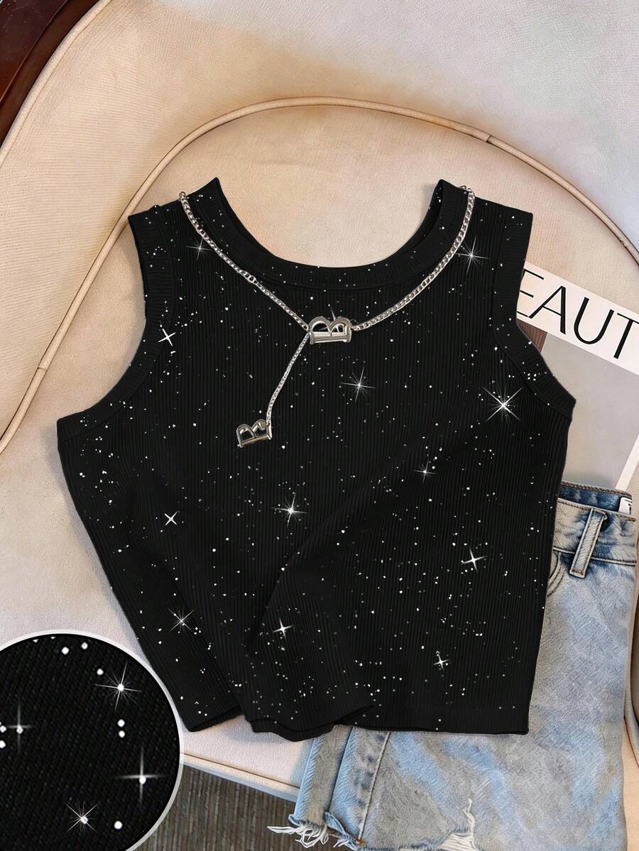 Resyla Áo camisole nữ dáng ôm, in họa tiết sequin và ánh kim lấp lánh. - màu đen - Xem 1