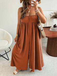 大码休闲宽松纯色连体裤 - 鏽棕色 - 查看 6