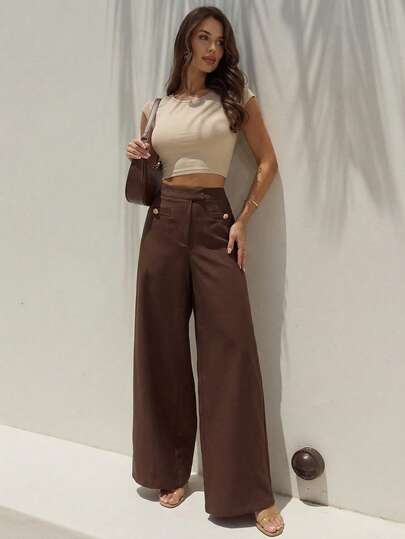 Firerie Pantalon de costume tressé de couleur café élégant pour femmes, avec décoration de bouton métallique à la mode, polyvalent pour le trajet et le bureau, pantalon large et long