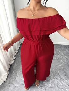 Elenzga Mono de verano de moda casual, elegante y retro francés, ideal para ir y venir del trabajo o de vacaciones, con volantes y hombros descubiertos, en color rojo - Rojo - Ver 6