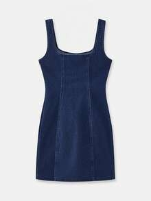 lacRébo Sleeveless Fitted Denim Mini Dress With Cut-Out Spring Summer French Style Parisian Style Cotton Dress Vacation Dress Holiday Dress - Dark Wash - View 7