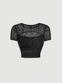 SHEIN MOD 女士圆领荷叶边蕾丝休闲日常短袖T恤 - 黑色 - 查看 6