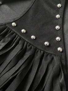 Ceyna Plus Size V-Neck Tie Beaded Tassel Ruffle Hem Sleeveless Jacket - Black - View 6