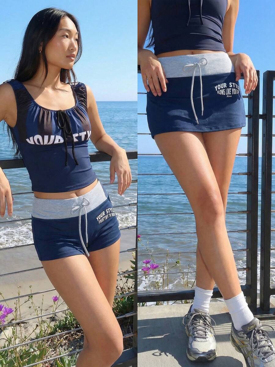 Fluxe Women's Letter Print Drawstring Waist Casual Versatile Daily & Sports Mini Skirt - Blue - View 1