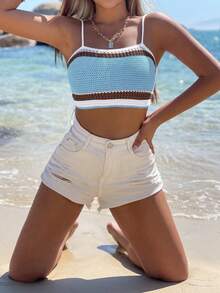 Breezaya Vacation Beach Colorblock Patchwork Cropped Camisole Knit Top - Multicolor - View 3