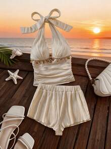 GlowEve Women's Cream White 2-Piece Set,Summer Elegant Tropical Vacation Holiday Wavy Striped Pleated Starfish & Shell Decor Spaghetti Strap Top & Shorts - Apricot - View 1