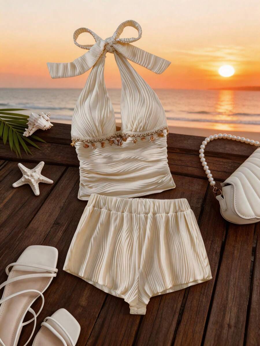 GlowEve Women's Cream White 2-Piece Set,Summer Elegant Tropical Vacation Holiday Wavy Striped Pleated Starfish & Shell Decor Spaghetti Strap Top & Shorts - Apricot - View 1