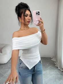 Selianne Blus Wanita Putih Motif Kupu-kupu Jacquard Bertekstur, Model Bahu Terbuka, Elegan, Pas Badan, Busana Musim Panas Penting untuk Kencan, Pesta Malam, Hadiah Ulang Tahun, dan Perjalanan - Putih - View 5
