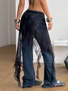 Coolane 女士夏季Y2K时尚外出度假装蕾丝弹力舒适荷叶边黑色半身裙 - 黑色 - 查看 2