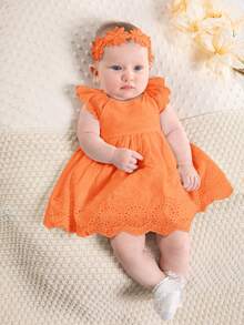 SHEIN Newborn Baby Girl Floral Trim Round Neck Ruffle Waist Dress - Orange - View 3