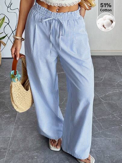 SHEIN EZwear Summer Outfits  Women's Blue Striped Woven Tie-Front Casual Pants