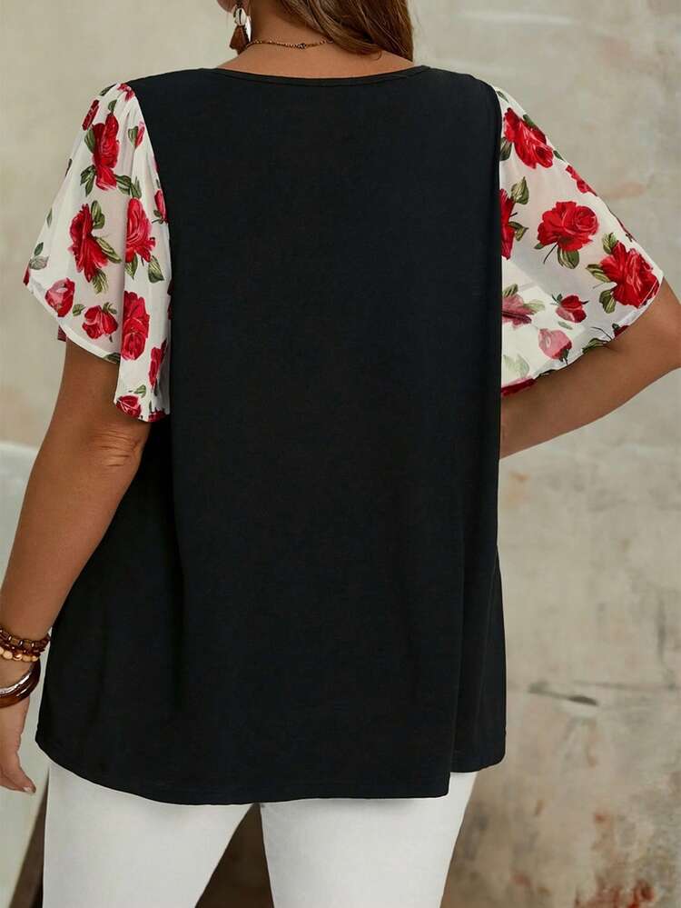 Plus Size Women's Summer Floral Print V-Neck Ruffle Short Sleeve Loose Mom Shirts