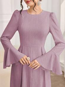 Al Najma Women's Solid Color Round Neck Flare Sleeve Elegant Arabic Style Dress - Lilac Purple - View 3