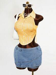 Mistrie Spring And Summer Back Tie Bow-Knot Casual Design Sense Shirt - Yellow - View 3