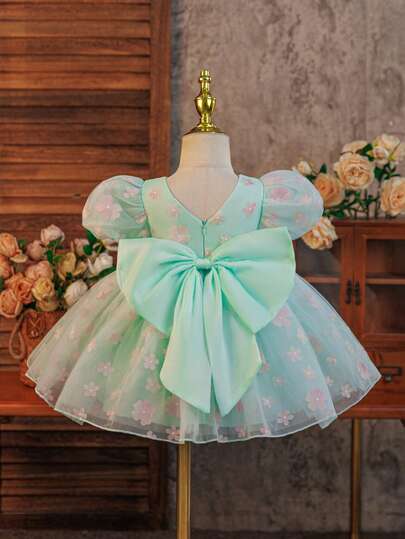 SHEIN Glamorique Kids Flower Girl Birthday Party Wedding Festival Dress With Detachable Big Bow, Baby Girls' Yellow Puff Sleeve Dress, Green Mesh Layered 3D Floral Princess Dress, Cute, Puff Sleeve, Elegant Formal Dress
