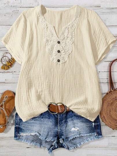 EMERY ROSE Women's Casual Floral Collar Short Sleeve Blouse