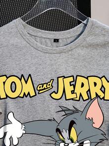 TOM & JERRY X SHEIN 女士休闲卡通字母印花T恤，夏季 - 灰色 - 查看 3