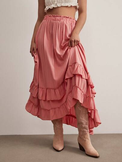 Freevana Plus Size Women Casual Vintage Ruffle Hem Skirt