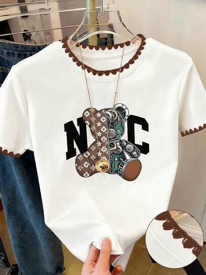 Resyla 女士短袖T恤，机械熊图案设计，休闲百搭夏季户外上衣，高品质印花，适合日常穿着、户外活动、购物和旅行。