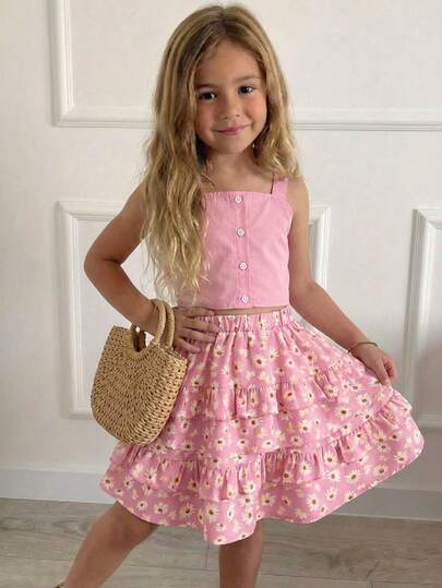 Emery Rose Kids 2pcs Young Girl Woven Solid Color Casual Vest And Ditsy Floral Skirt Set Girls Pink Skirt Set Girls 2 Piece Dress Easter Outfits Girl Two Piece Skirt Two Piece Set Kids Summer Outfits For Girls Sunday Dress For Kids Spring Outfits For Girls Birthday Outfit For Girls