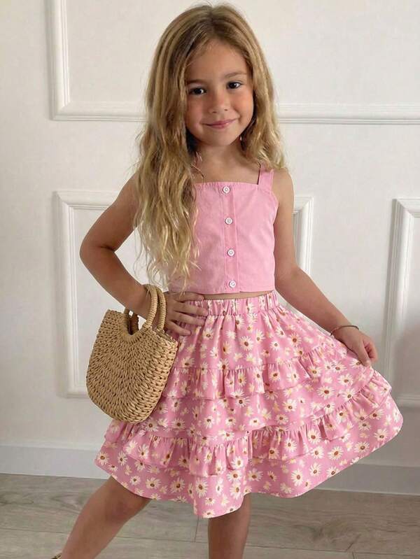 Emery Rose Kids 2pcs Young Girl Woven Solid Color Casual Vest And Ditsy Floral Skirt Set Girls Pink Skirt Set Girls 2 Piece Dress Easter Outfits Girl Two Piece Skirt Two Piece Set Kids