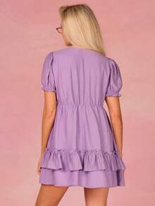 Athîral 女士纯色深V领扭结褶皱时尚约会派对迷你连衣裙 - 紫色 - 查看 2