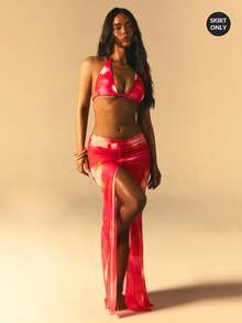 Athîral 女士度假沙滩扎染印花抽绳高开衩罩衫及半身裙套装 - 紅色 - 查看 1