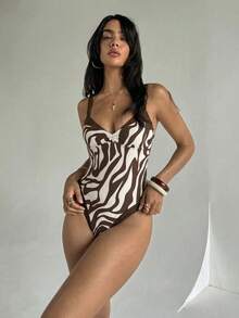 Aloruh 女士新款春夏连体泳衣，撞色设计，斑马纹印花，优雅性感沙滩度假泳装 - 彩色 - 查看 9