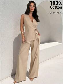 Firerie 优雅简约日常通勤办公套装，卡其色无袖V领金属扣腰带上衣搭配中腰宽松直筒裤，春夏女装套装，教师装，工作服，办公室套装，女士裤装 - 卡其色 - 查看 4