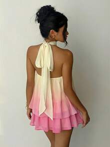 Aloruh 女士雪纺优雅奶油黄露背系带迷你连衣裙，女士约会连衣裙，女士夜间外出连衣裙，女士夏季连衣裙，女士蜜月旅行装，女士婚礼宾客连衣裙，海岛度假装，女士婚礼宾客连衣裙，女士太阳裙，女士优雅派对连衣裙，女士生日连衣裙 - 彩色 - 查看 4