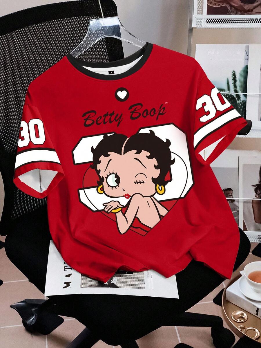 Betty Boop x SHEIN Áo thun ngắn tay in hình hoạt hình phong cách thường ngày dành cho nữ, thích hợp cho mùa hè. - trắng - Xem 1