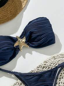 Swim Vcay 女士夏季纯色提花面料抹胸金属装饰丁字裤两件套比基尼套装，沙滩度假 - 藍色 - 查看 5