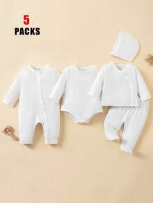 Bộ đồ 5 món cho bé gái sơ sinh: Áo liền quần dài tay cổ tròn, áo sơ mi cài cúc bên hông, quần dài có tất, áo liền quần dài tay và mũ, đồ ngủ và mặc nhà mùa xuân/hè. - trắng - Xem 3