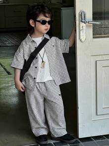 Dazy Kids 男童格子短袖衬衫和裤子套装（夏季款） - 黑與白 - 查看 4