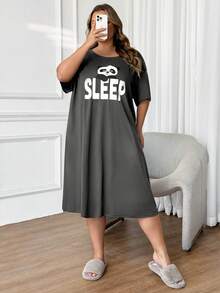 SHEIN CURVE+ 加大码舒适熊猫印花圆领休闲睡裙，夏季 - 灰色 - 查看 8