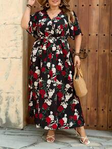 SHEIN CURVE+ 尺码 US22 适合音乐节、海滨度假、波西米亚风休闲复古大碎花宽松抽绳连衣裙，适合春夏穿着，大码身材，适合休闲度假，飘逸连衣裙，女士沙滩装/沙滩裙/沙滩度假装/沙滩必备/毕业典礼/下午茶会连衣裙/夏季/乡村/沙滩度假装/沙滩装/沙滩服饰 - 彩色 - 查看 7