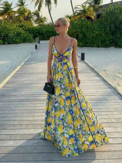 SHEIN SXY Women's Lemon Print Twist Front Maxi Beach Dress, Suitable For Summer,Summer ,Spring ,Vacation,Beach , Ibiza,Floral Dresses For Women, Yellow Maxi Dress Women, Lemon Dress Women, Long Sun Dress, Yellow Floral Dress, Tropical Maxi Dress